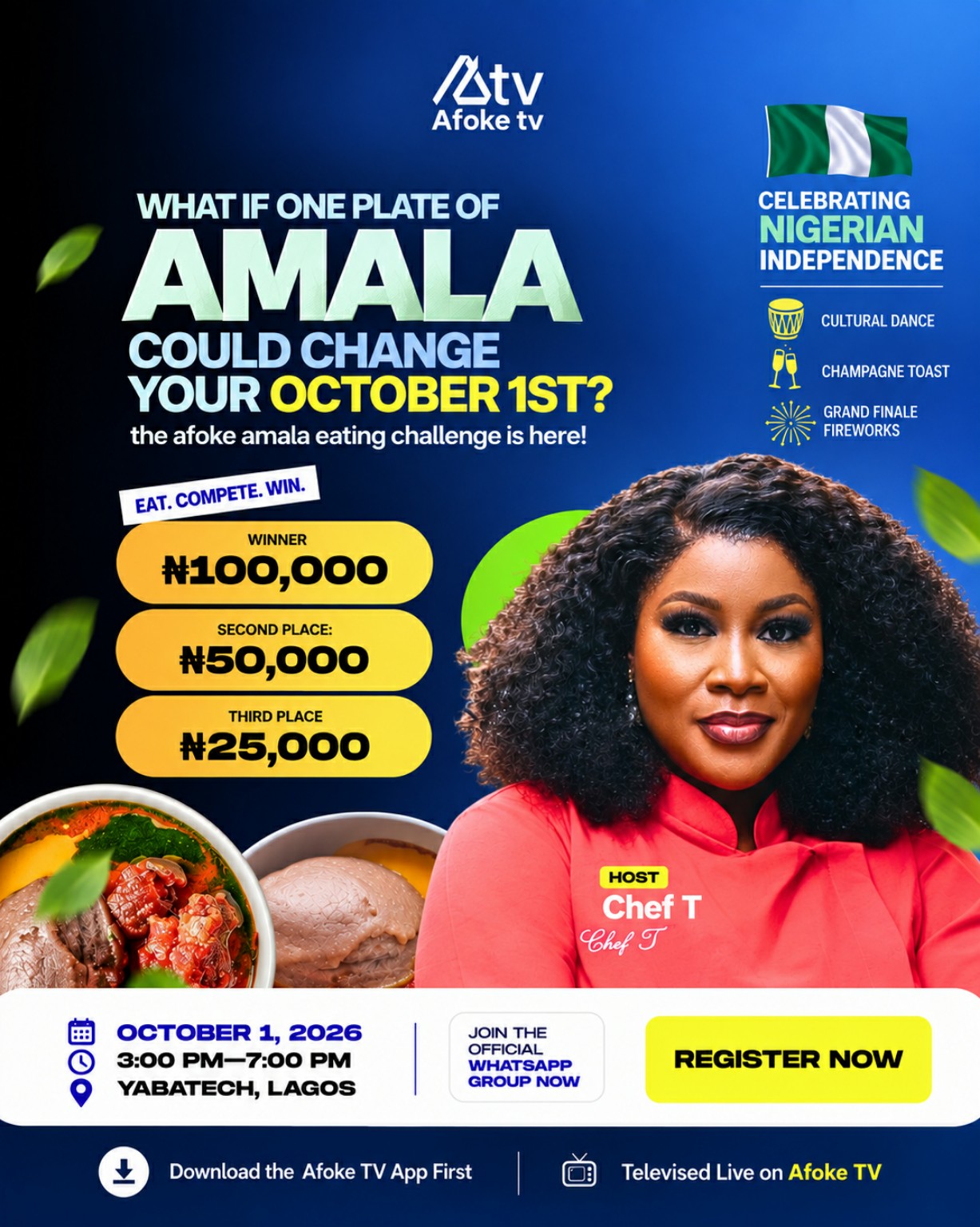 Afoke Media Amala Eating Contest 2026 flyer — October 1, Yabatech Lagos, ₦100,000 grand prize